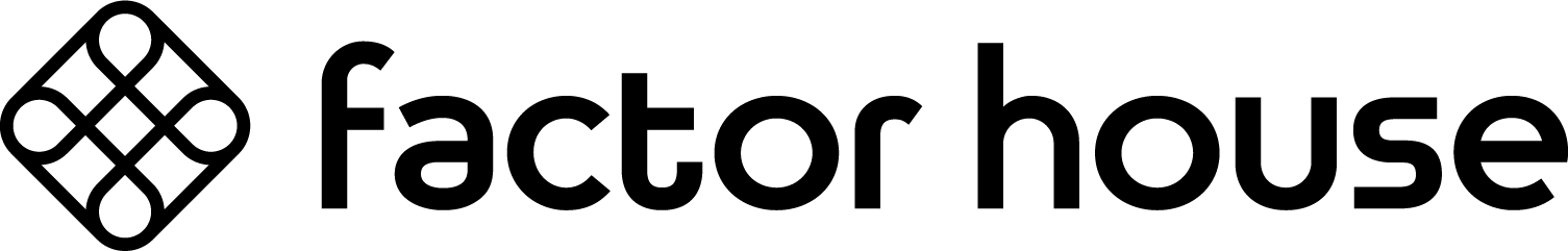 Factor house stacked logo with green emblem and black text